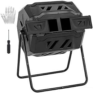 OLIXIS 43 Gal Outdoor Rotating Dual Chamber Compost Bin w/ Gloves $26 + Free Shipping