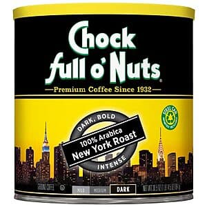 30.5-ounce bag of Chock Full o' Nuts New York Roast Ground Coffee with dark roast packaging.