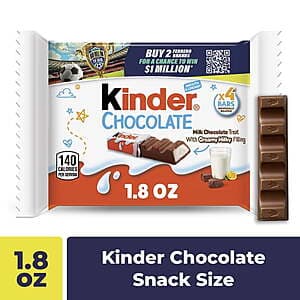 Four individually wrapped Kinder milk chocolate bars with creamy milky filling, displayed in their original packaging.