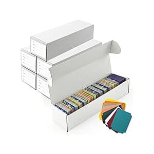 Six plastic trading card storage boxes with 1100-card capacity, displayed as a multi-pack unit.