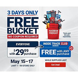 Harbor Freight In-Stores Only: 5-Gal. Harbor Freight Bucket Offer Free w/ Any $30 Purchase & More (Valid thru 5/17)