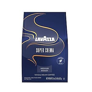 Three 22oz bags of Lavazza Super Crema whole bean medium roast espresso coffee with yellow and red packaging.