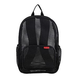 Eastsport 16-inch black mesh backpack with multiple compartments and shoulder straps.