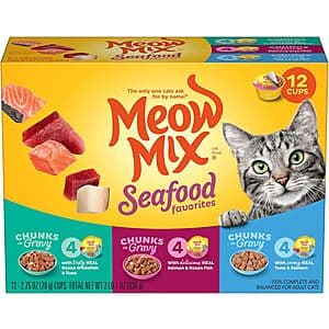 12-pack box of Meow Mix Market Selects Seafood Favorites wet cat food in 2.75-oz cans with assorted seafood flavor varieties.