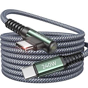 AINOPE 10' 240W USB-C to USB-C Right Angle Cable $6