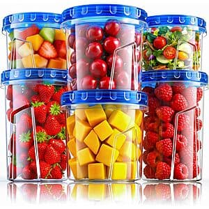 Set of six airtight freezer storage containers in varying sizes with twist lids, available in clear plastic with labeled capacity markings.