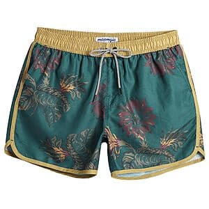 Dark green men's floral vintage swim trunks with mesh lining from maamgic, featuring a colorful floral pattern.