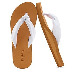 White and khaki Evshine women's lightweight flip flops with soft knit straps.