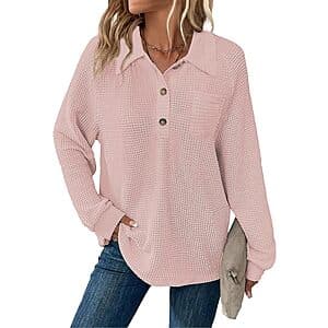 Women's waffle-knit V-neck long-sleeve button tunic with loose boyfriend-style fit in neutral tone, shown flat lay on white background.