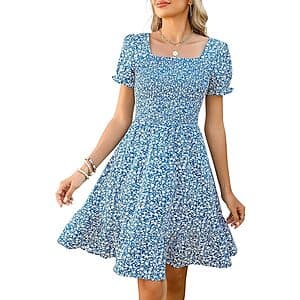 Lyrur Women's Floral Square Neck Smocked Knee Length Summer Dress (Various) $10
