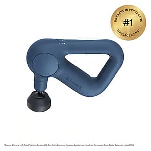 Compact Therabody Theragun Relief massage gun in navy blue with ergonomic grip and control buttons on handle.
