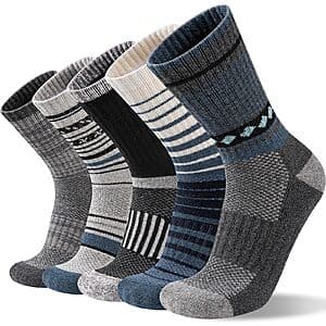5-Pairs Bodvera Men's 70% Merino Wool Hiking Socks (Multi-Color) $11.70