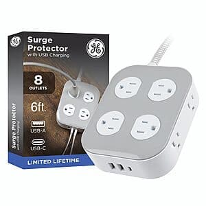 Select Areas: GE 8-Outlet + 3 USB 1500J Surge Protector w/ 6" Flat Plug $11.85