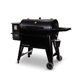 Pit Boss Navigator 1000 wood pellet grill with black exterior, 1159 square inch cooking surface, included grill cover, and 32-pound pellet hopper.