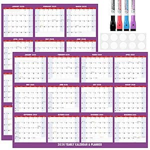 32" x 48" 2026 Dry Erase Wall Calendar w/ 4 Dry Erase Markers $8