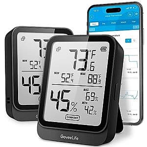 Two digital hygrometer thermometers with temperature and humidity displays in black and white colors.