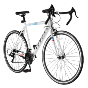 VEVOR road bike with 700C wheels, 31-pound frame, featuring SHIMANO 21-speed drivetrain in black or grey finish suitable for city commuting.