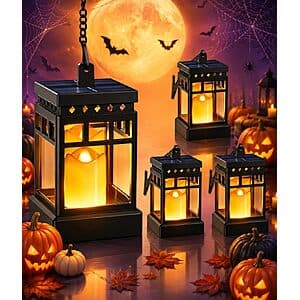 Four Kooper Halloween solar hanging lanterns with black frames and warm flickering candle effect, shown with 2 lighting modes for outdoor seasonal decoration.