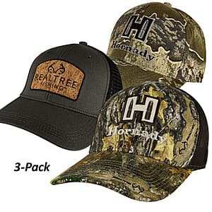 Three outdoor caps in camo designs: Realtree Escape, Mossy Oak, and Badlands, featuring 6-panel structured construction with pre-curved brims.
