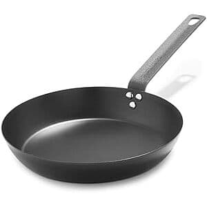 Merten & Storck 10-inch pre-seasoned carbon steel frying pan skillet with black handle and dark metallic finish.