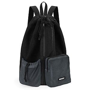 WANDF 18.9-inch mesh beach backpack in various colors with a wet pocket compartment for damp items.