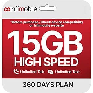 12-Month Infimobile Prepaid Mobile Unlimited Talk / Text + 15GB Data / Mo. $112 + Free Shipping