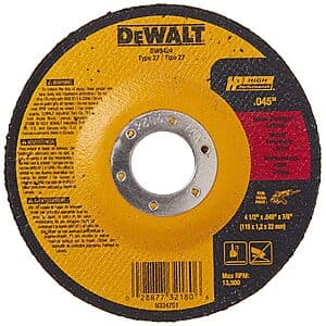 DEWALT DW8424 thin cutting wheel, 4-1/2 inches diameter with 7/8 inch arbor, gray abrasive disc suitable for metalworking and cutting applications.