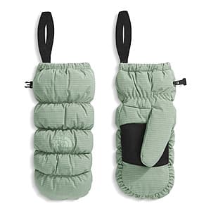 The North Face Montana Puffer Mitt in Mocha Brown or Slate Moss/Ripstop, showing the insulated puffer design.