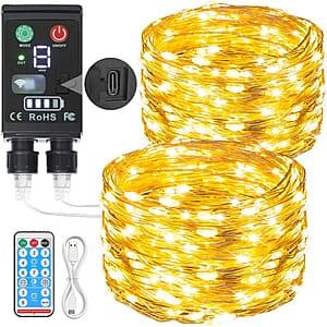 66ft strand of 200 rechargeable LED fairy lights with warm and cool color modes, coiled and ready for display.