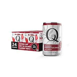 24-pack of Q Mixers Cranberry-Pomegranate Spritz Cocktail Mixer in 7.5-oz bottles with red/purple labeling.