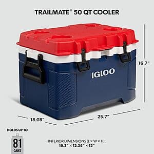 White Igloo Trailmate hard cooler with blue accents, featuring a 50-quart capacity with lid and heavy-duty handles for outdoor use.