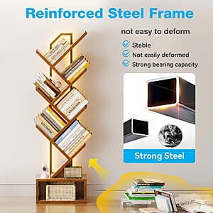 6-tier tree-shaped bookshelf with multiple horizontal tiers in vintage finish, featuring integrated LED lighting.