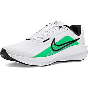 White, black, and green shock Nike Men's Downshifter 13 running shoe displayed against a neutral background.