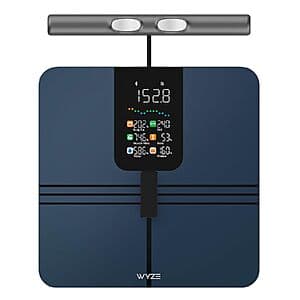 Black Wyze BodyScan smart scale with integrated handle on top, featuring 8-electrode segmental analysis capability, designed for measuring full-body composition metrics.