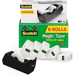 Six rolls of Scotch Magic Tape with a tan desktop dispenser.