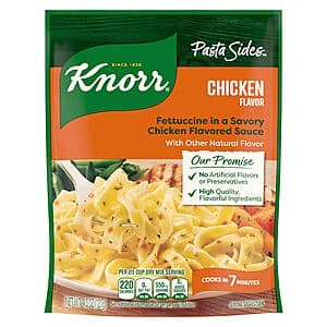 4.3-ounce box of Knorr Chicken Fettuccine Pasta Sides with product branding and preparation instructions visible.