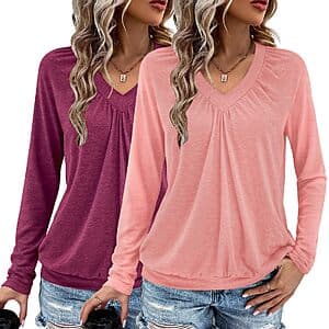 2-Pk AIZHINENG Women's V Neck Ruched Long Sleeve Tops (L or XL Only) $9.75