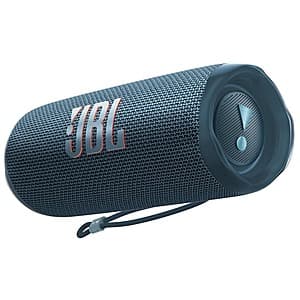 JBL Flip 6 portable waterproof speaker in black, compact cylindrical design with textured fabric body and carrying strap.