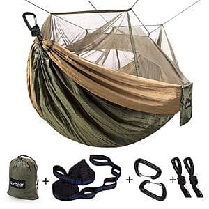Green and khaki Sunyear camping hammock with integrated mosquito net and two coiled 10-foot camping straps.