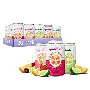 20-pack of 12-ounce Spindrift lemonade cans in three flavors displayed together.