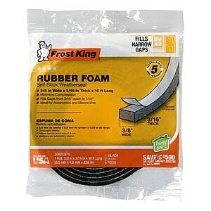 Frost King Self-Stick Rubber Foam Weatherseal (Black, 3/8" x 3/16" x 10') $1