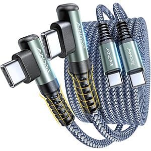 2-Pack 6.6' Ainope 60W USB-C Right Angle Nylon Charging Cables $5