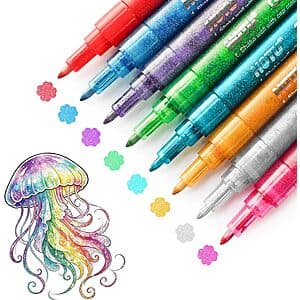 Eight 0.7mm fine tip glitter marker pens in assorted colors including pink, purple, blue, green, yellow, orange, and more.