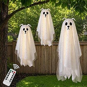 Three glowing LED dog ghost Halloween decorations with warm glow lighting in a hanging display pack.