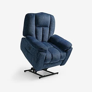 Blue and Blue Gray Chenille Fabric FlexiSpot XL6 Air power lift recliner with extra-wide 23.8" seat, headrest, cup holder, and massage controls.