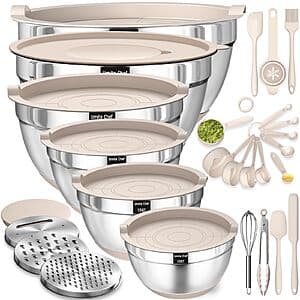 26-Pc Stainless Steel Mixing Bowl Set w/ Airtight Lids & Grater Attachments $34