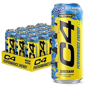 12-pack of C4 Performance Energy Drink 16-ounce cans in Jolly Rancher Blue Raspberry flavor with blue branding and labeling.