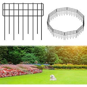 10-pack of black square metal garden fence panels, each measuring 12.99" x 11.97", displayed together showing the product set.
