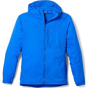 Arc'teryx Squamish Hoody men's windbreaker in Fluidity Blue with helmet-compatible hood and articulated patterning.