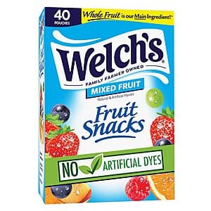 Box of Welch's Mixed Fruit Snacks containing 40 individual 0.8-ounce packs of colorful fruit-flavored snacks.